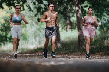 A group of young adults jogging together in a park on a sunny day, showcasing fitness, health, and active lifestyles.