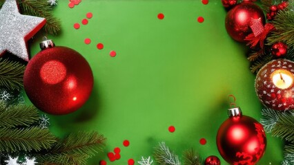 Magnificent Christmas decor to enjoyable party. Top view of gleaming balls, star-shaped candles, scattered confetti, frosted pine branches, festive holly berries on verdant backdrop with text space