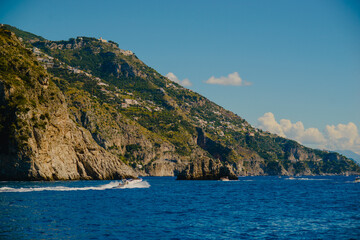 Fototapeta premium Panoramic landscape of the Amalfi coast. Atrani. Campagna. Positano. A resort town. Italy. Architecture, boats, yachts