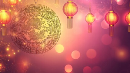 Chinese New Year Decor with Red Lanterns and an Ornate Circle Design