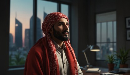 Person wearing a red scarf, sitting indoors with blurred background.
