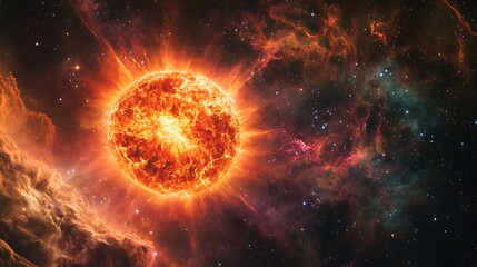 Obraz premium Red Giant Star in Decline Encircled by a Planetary Nebula and Clouds Influenced by Gravitational Waves