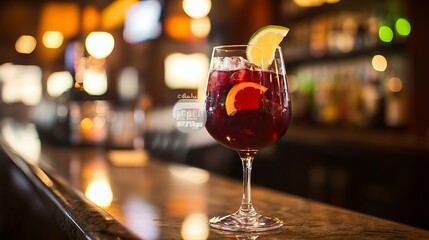 A glass of red wine or fresh sangria rests upon a brightly lit bar counter. 