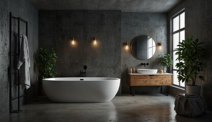 Modern concrete bathroom with freestanding tub and wooden vanity