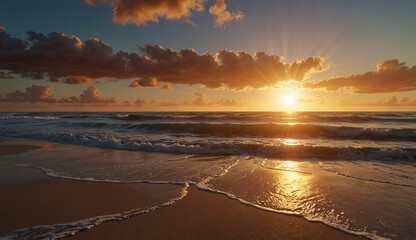 Obraz premium Beautiful sunset over the ocean with waves gently hitting shore.