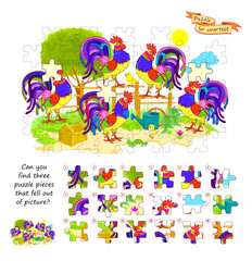 Can you find three puzzle pieces that fell out of picture? Logic game for children and adults. Page for kids brain teaser book. Task for attentiveness. Developing spatial thinking. Flat vector image.