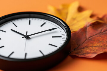 Daylight saving time ends. Black clock on orange background with autumn leaves. Summer time end and fall season coming. Clock turn backward to winter time. Autumn equinox