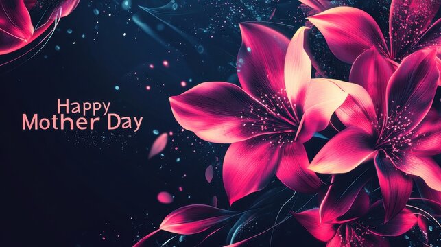 A chic Mother's Day banner with bold text and neon pink flowers on a black background - Powered by Adobe