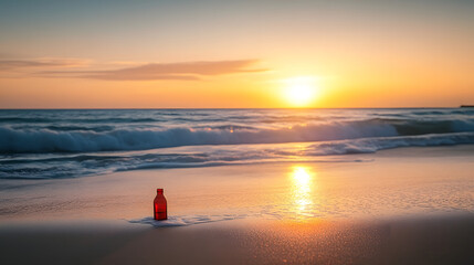 Fototapeta premium the sun is going down and there is a red bottle on the beach,