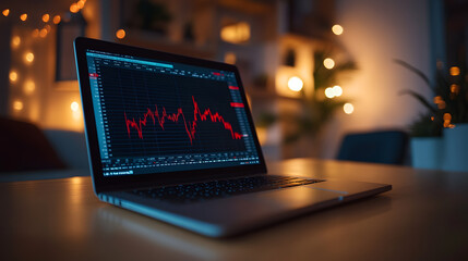 An open laptop on a wooden desk in a dimly lit room with the screen displaying a red candlestick chart of a stock in freefall.