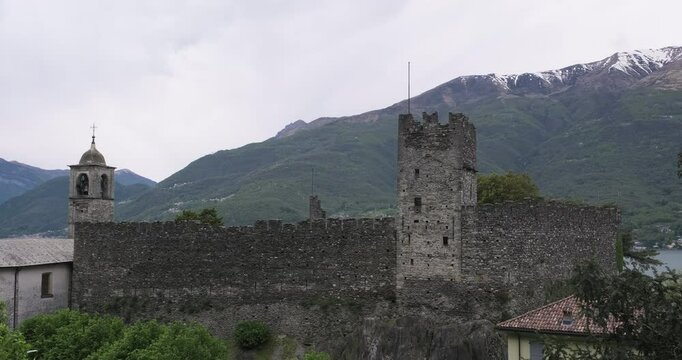 Lake Como, Dervio, Italy. Bell rings in the Castle of Corenno Plinio. Vacations in Italian Alps