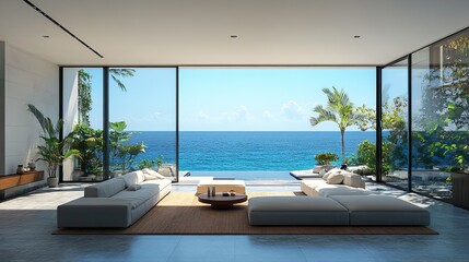 Bright beach house windows overlooking calm blue ocean wallpaper