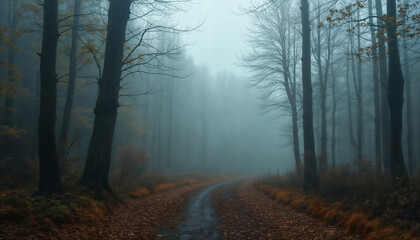 Fototapeta premium forest in autumn season, beautiful nature in morning, rainy weather, cloudy