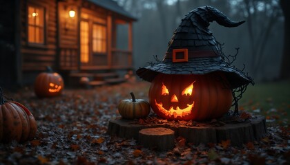 a house decorated with pumpkins and decorations for the Halloween holiday, a rural house in the forest, autumn nature