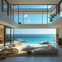 Fototapeta premium Modern beach house windows framing a vibrant blue ocean scene wallpaper