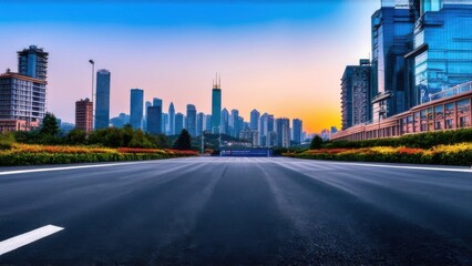 Asphalt road square and city skyline with modern buildings scenery at sunrise