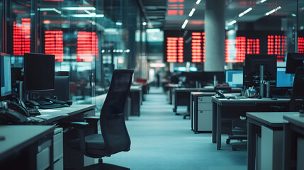 An open office space in a financial firm with desks empty chairs askew and stock tickers glowing red on mounted screens.