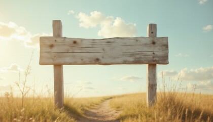 an empty sign board on the background of a bright sky and field, a plaque made of wood, old and weathered
