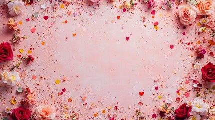 A stunning Valentine's Day backdrop features a delicate frame adorned with blooming roses, surrounded by a vibrant cascade of confetti against a soft pink canvas, exuding love and romance. 