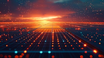 Obraz premium Solar Panel Grid Glowing Sunset Renewable Energy