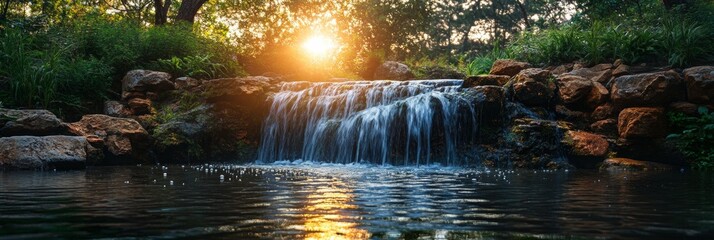 Serene Waterfall Oasis, a tranquil cascade flowing into a clear pool, framed by lush greenery and softly blurred surroundings.