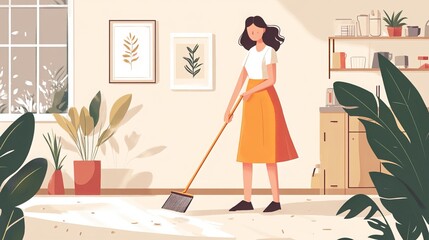 A woman diligently engaged in household chores, tackling the task of sweeping the floor with a brush and dustpan, symbolizing the concept of domestic cleanliness and order. 