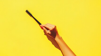 A woman's hand grasps a shoehorn against a vibrant yellow backdrop, capturing the essence of preparing for a new journey. 