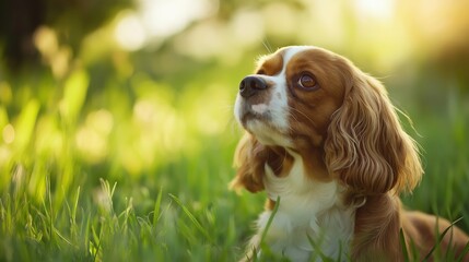 Cavalier King Charles Spaniel looking up in a sunny meadow, peaceful puppy, natural light pet portrait, puppy concept