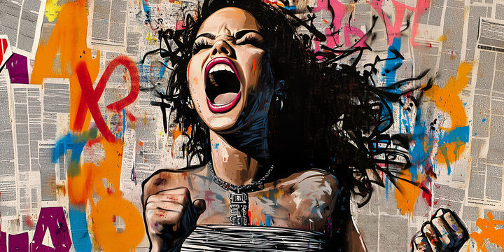 Woman screaming for rights equality freedom, rebel fighting spirit, urban street art graffiti
