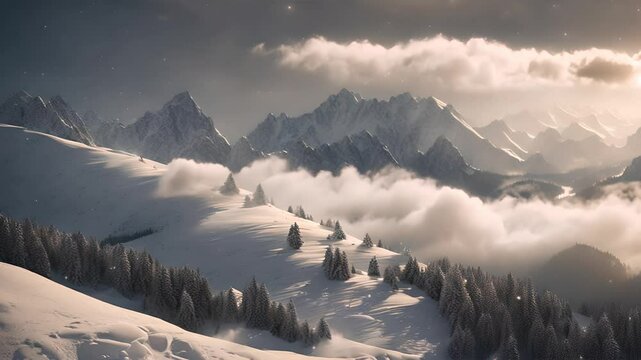  A breathtaking view of snow-covered mountains and rolling hills, with pine trees dotting the slopes. Misty clouds settle below the towering peaks, creating a serene and majestic winter atmosphere.