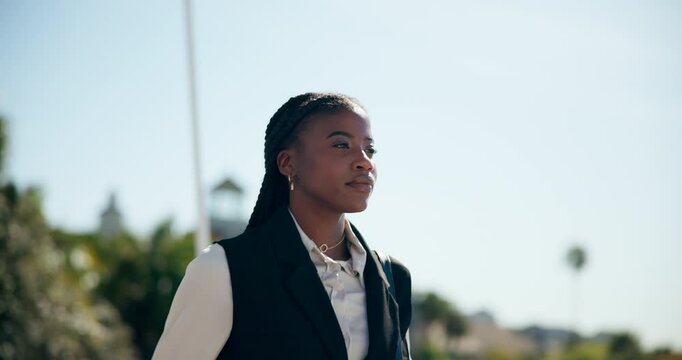 Business, black woman and travel to work in morning for corporate, finance and commute to workplace. Thinking, financial advisor and walking with pride for professional, ambition and outdoor journey