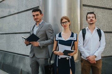 Three confident young professionals standing outside an office building, holding notebooks. They represent teamwork, ambition, and a professional atmosphere.