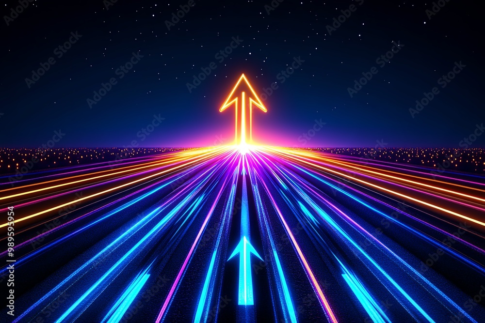 Poster abstract arrow graphic, representing vision and progress, with dynamic lines flowing toward a glowin