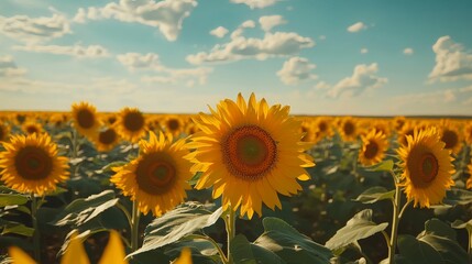 Fototapeta premium Amidst the vast Ukrainian countryside, golden sunflowers stand proudly, their towering stems reaching for the sky. Their enormous blooms, painted in vibrant shades of yellow, resemble miniature suns