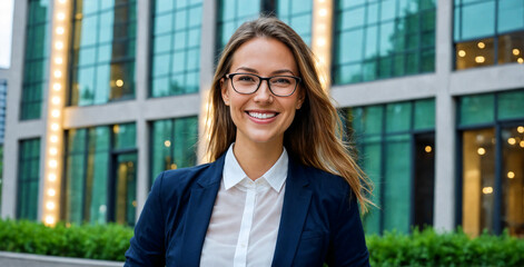Portrait of a young business woman in glasses on the background of a modern office building