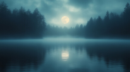 A stunning and surreal photo of a serene lake illuminated by the moonlight, with rippling shadows creating mysterious shapes on the water