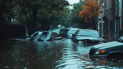 An urban street choked with abandoned cars submerged in floodwater after a heavy rainstorm.