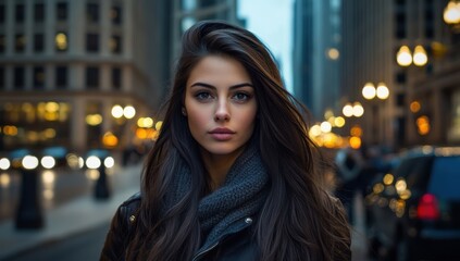 Obraz premium A young woman with long hair stands confidently on a city street at dusk, surrounded by glowing streetlights and tall buildings