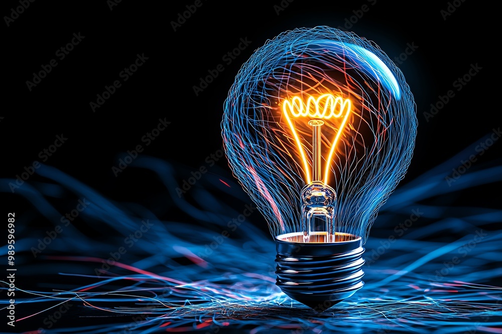 Poster abstract innovation graphic, featuring a glowing lightbulb surrounded by dynamic lines, representing