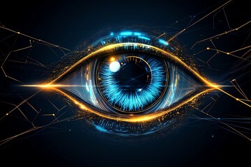 Abstract eye illustration, symbolizing vision and future goals, surrounded by glowing lines and abstract shapes