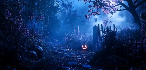 Obraz premium Low-light Halloween photo capturing a mood of deep blues and eerie purples.