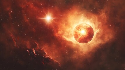 Binary star system with one star being a white dwarf and the other a red giant within a molecular cloud filled with dark nebulae