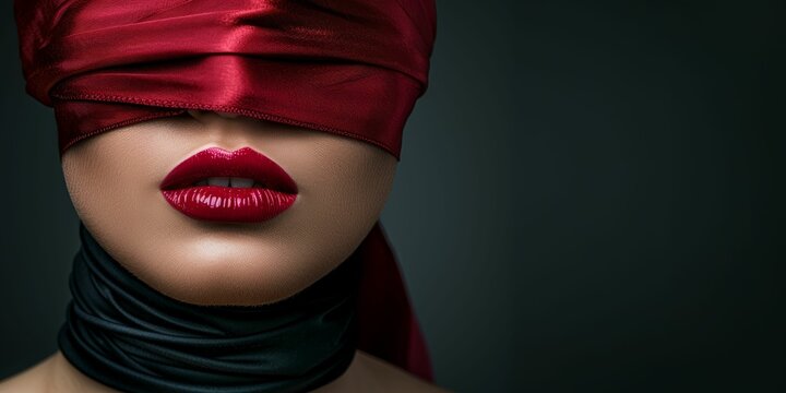Close-up of a woman with red lips and a blindfold, representing mystery and elegance in a sensual and artistic portrait, highlighting beauty and allure in fashion photography.
