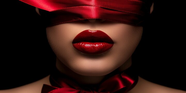 Close-up of a woman with red lips and a blindfold, representing mystery and elegance in a sensual and artistic portrait, highlighting beauty and allure in fashion photography.