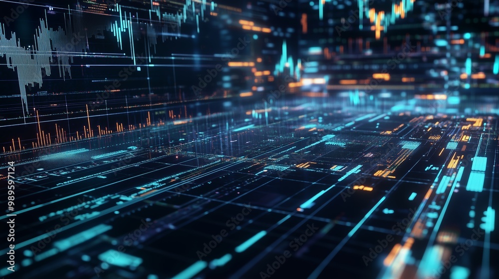 Poster abstract digital landscape with glowing lines and data visualizations representing analytics and tec