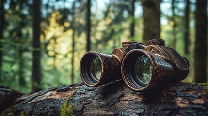 Antique binoculars perched on a rustic log, their polished lenses capturing the verdant tapestry of towering trees. The surrounding woodland invites exploration and invites keen observation