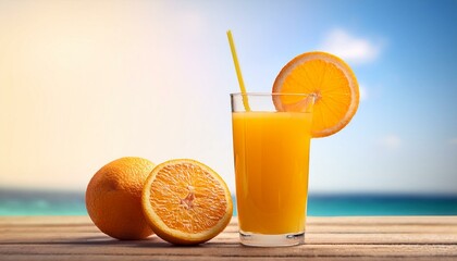 Obraz premium A glass of freshly squeezed orange juice, garnished with a slice of orange and a straw, perfect for a summer day.