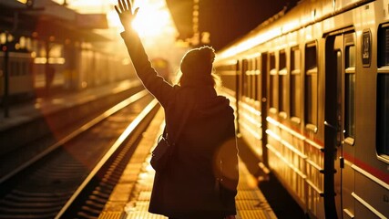 Person waving goodbye at the train station during golden hour