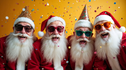 Four festive Santas are joyfully celebrating Christmas, each wearing colorful hats and sunglasses. Their cheerful expressions and playful atmosphere highlight the festive spirit of the season