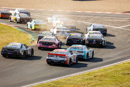 Oschersleben, Germany.  22nd Sep 2024. Scenic view battle fast Nascar Whelen Euro Series Germany GP at Oschersleben Motorsport Arena race track. European American motors auto sport competition.